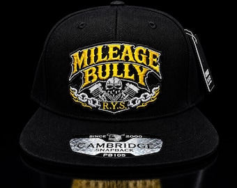 Mileage bully Snapback Hat | R.Y.S. Biker Cap | Embroidered Skull Trucker Hat | Urban Motorcycle Streetwear | Custom Rider Hat