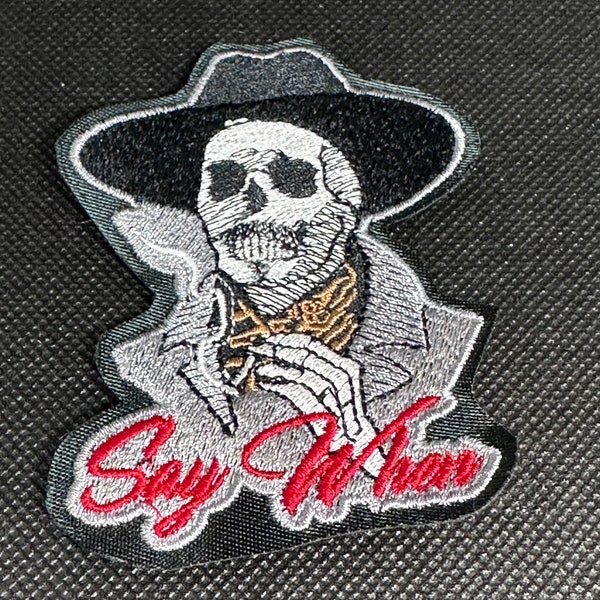 Say When SKULL IRON ON Patch, Twill Fabric, Skeleton Patch, Creepy Embroidery Cap Skull Patch, Goth Lover Gift