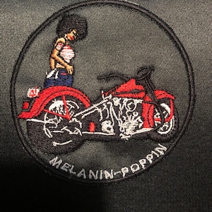 MELANIN POPPIN, Motorcycle PATCH, Girl Power Patch, Band Patches, Black Girl Bike Rider Embroidered 31/2 Circle Patch
