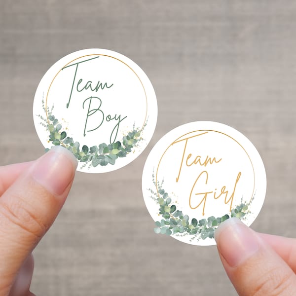 Sticker Sheets - Baby Shower Gender Reveal Party Stickers - Team Boy Team Girl - Custom Party Favors - (Eucalyptus Half)