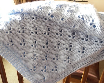 Knitted Baby Blanket in Blue, Eyelet lace Pattern, For a Baby Boy