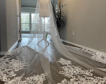 Lace Mantilla Wedding Veil: Ivory Cathedral Length with Sequins