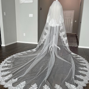 Lace Cathedral Wedding Veil: Off White Ivory, 2 Tiers with Blusher