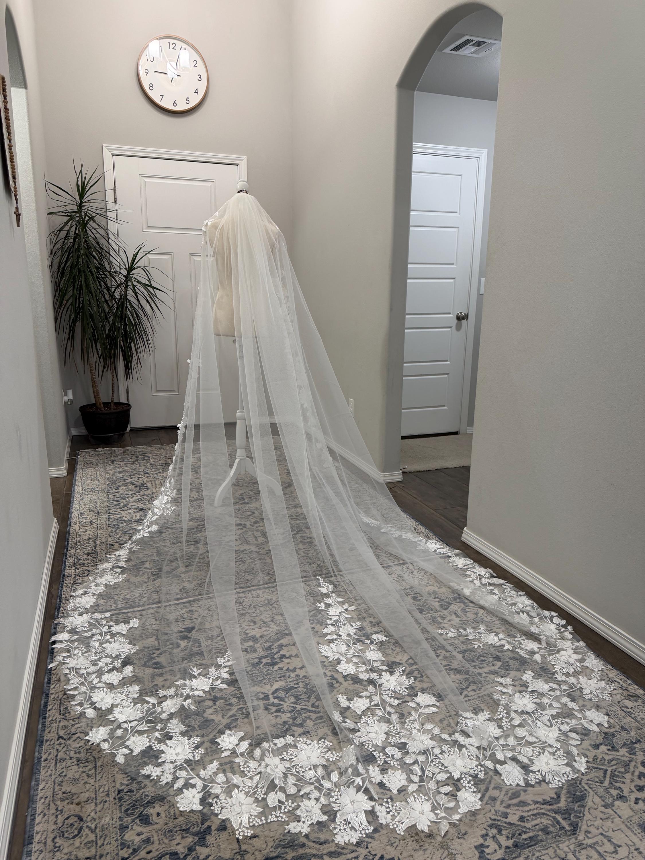 New 140” White Embroidered Royal 11’ Cathedral Length Wedding Veil 1 Layer English Net Royal Cathedral Bridal Veil | EDEN LUXE  main image 4