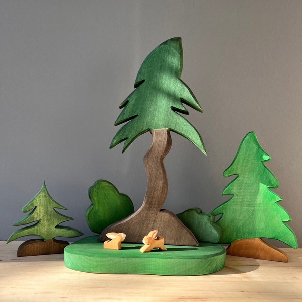Wald aus Holz Holzfiguren für Kinder Spielset Bäume und Büsche Tannen Wiese