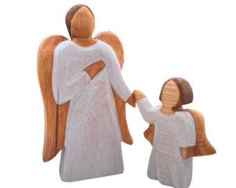 Wooden figure mother and daughter wooden angel guardian angel made of wood-handmade in Germany-gift Mother's Day-angel figure-lucky charm mom and child