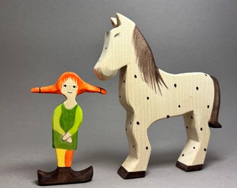 Fille avec cheval | Ensemble de jouets en bois | Personnages de contes de fées