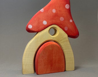 Mushroom house wooden house waldorf colorfully painted ocher blue red rainbow fly agaric waldorf handmade