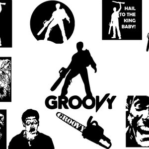 May include: Black and white silhouette illustrations of a character holding a chainsaw, a monster face, and the text "Groovy".