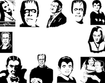Peut inclure: Illustration en noir et blanc de divers personnages de la série télévisée La Famille Addams. Les personnages incluent Gomez, Morticia, Lurch, Mercredi, Pugsley et le Cousin Machin.