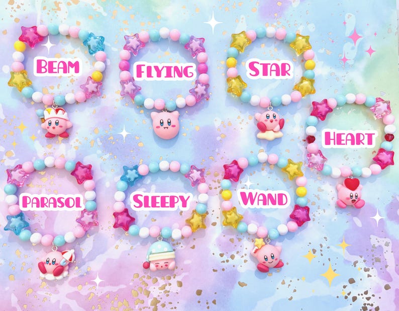Braccialetti con ciondoli ispirati a Curby / spettacolo, cartone animato, carino, perline, stelle, braccialetto, gioco, rosa, blu, giallo, arcobaleno, gioielli, bianco immagine 8