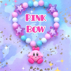 Braccialetti con ciondoli ispirati a Curby / spettacolo, cartone animato, carino, perline, stelle, braccialetto, gioco, rosa, blu, giallo, arcobaleno, gioielli, bianco Pink Bow