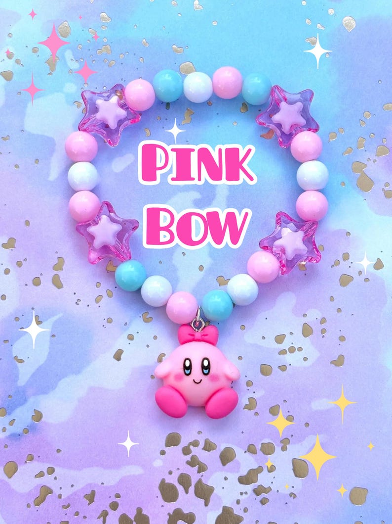 Braccialetti con ciondoli ispirati a Curby / spettacolo, cartone animato, carino, perline, stelle, braccialetto, gioco, rosa, blu, giallo, arcobaleno, gioielli, bianco Pink Bow