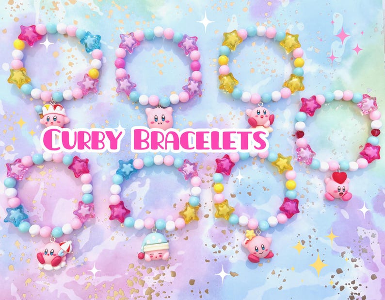 Braccialetti con ciondoli ispirati a Curby / spettacolo, cartone animato, carino, perline, stelle, braccialetto, gioco, rosa, blu, giallo, arcobaleno, gioielli, bianco immagine 1
