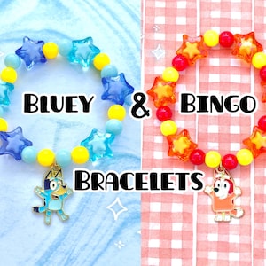 Pulseras de cuentas con temática de Bluey y Bingo / Bluey, Bingo, perro, perro lindo, feliz, animal, estrellas, cuentas, pulsera, azul, amarillo, naranja