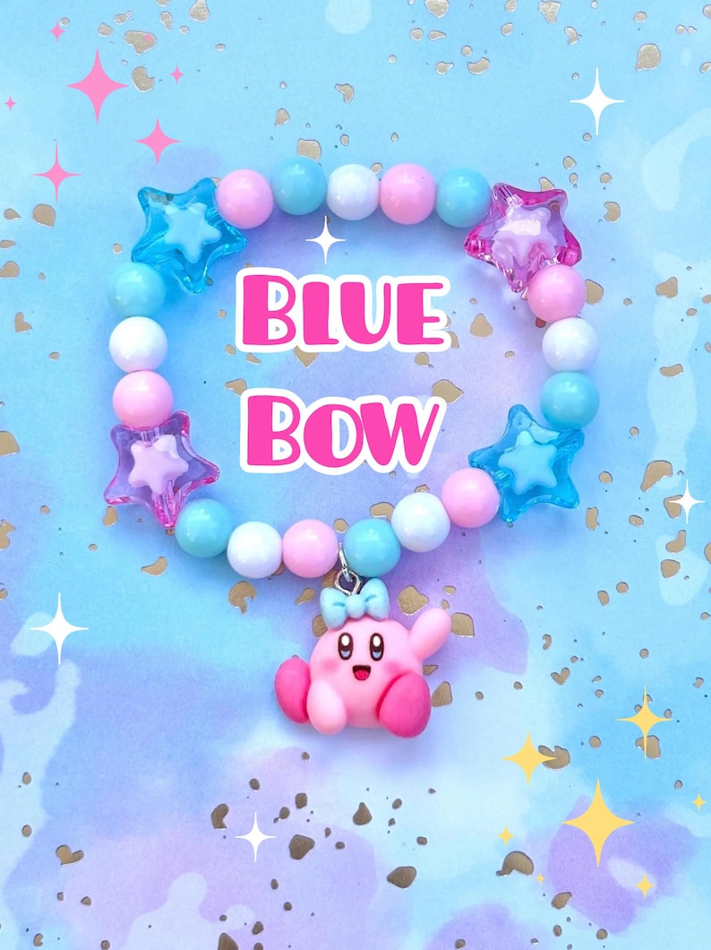 Braccialetti con ciondoli ispirati a Curby / spettacolo, cartone animato, carino, perline, stelle, braccialetto, gioco, rosa, blu, giallo, arcobaleno, gioielli, bianco Blue Bow