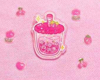 Pins acrílicos holográficos Kirb-boba, boba, kirby, poyo, acrílico, fresa, naranja, lindo, destellos, dibujo, estrellas, dorado