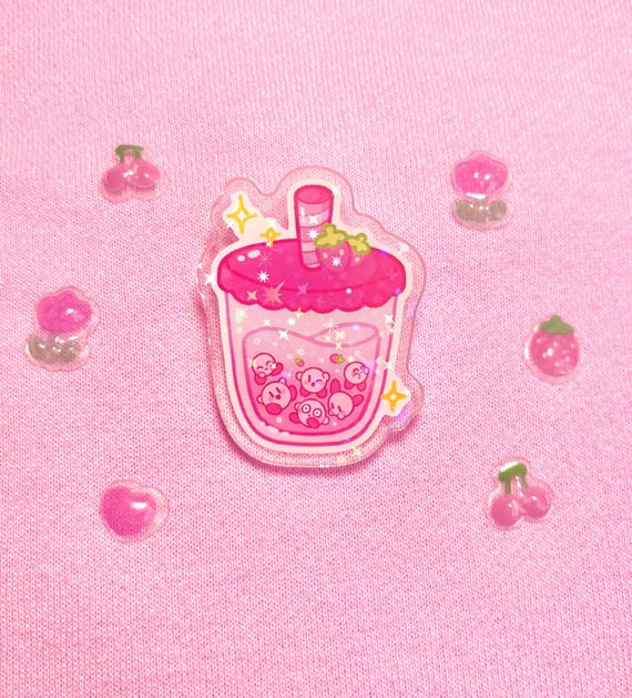 Kirb-boba holographic acrylic pins | pins, boba, kirby, poyo, acrylic, strawberry, orange, cute, sparkles, drawing, stars, gold