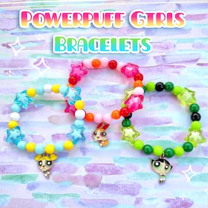 Powerpuff Girls-themed charm bracelets | blossom, bubbles, buttercup stars, show, sisters, charm, beads, bracelet, red, pink, blue, green