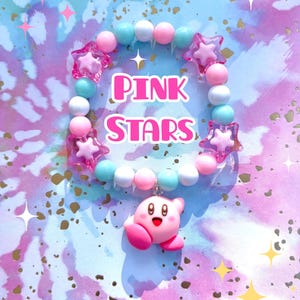 Braccialetti con ciondoli ispirati a Curby / spettacolo, cartone animato, carino, perline, stelle, braccialetto, gioco, rosa, blu, giallo, arcobaleno, gioielli, bianco Pink Stars