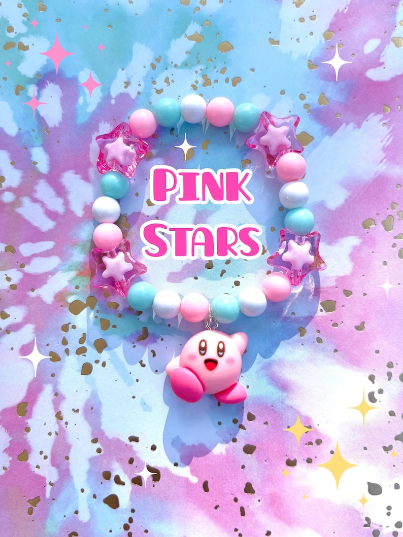 Braccialetti con ciondoli ispirati a Curby / spettacolo, cartone animato, carino, perline, stelle, braccialetto, gioco, rosa, blu, giallo, arcobaleno, gioielli, bianco Pink Stars