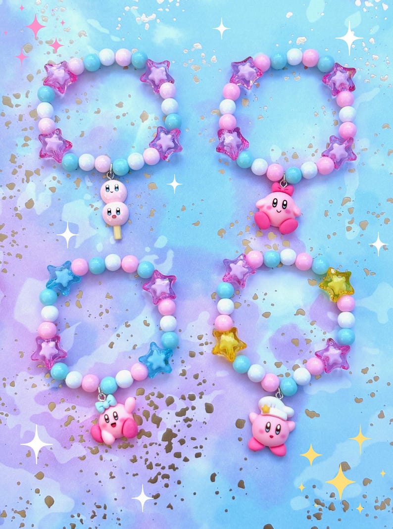 Braccialetti con ciondoli ispirati a Curby / spettacolo, cartone animato, carino, perline, stelle, braccialetto, gioco, rosa, blu, giallo, arcobaleno, gioielli, bianco immagine 15
