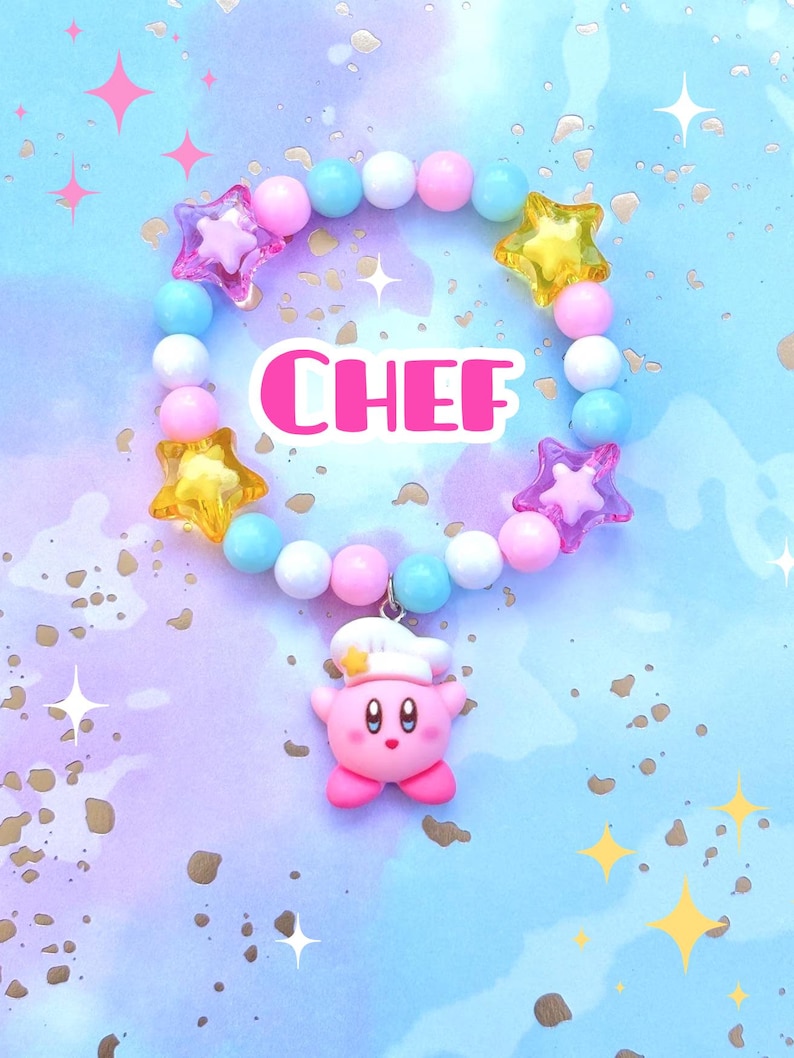 Braccialetti con ciondoli ispirati a Curby / spettacolo, cartone animato, carino, perline, stelle, braccialetto, gioco, rosa, blu, giallo, arcobaleno, gioielli, bianco Chef