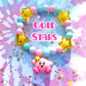Braccialetti con ciondoli ispirati a Curby / spettacolo, cartone animato, carino, perline, stelle, braccialetto, gioco, rosa, blu, giallo, arcobaleno, gioielli, bianco Gold Stars
