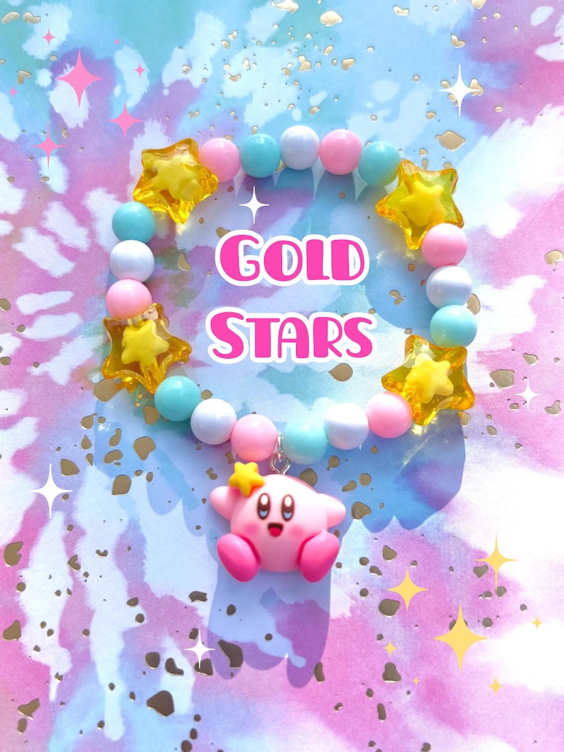 Braccialetti con ciondoli ispirati a Curby / spettacolo, cartone animato, carino, perline, stelle, braccialetto, gioco, rosa, blu, giallo, arcobaleno, gioielli, bianco Gold Stars