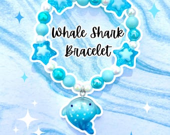 Braccialetto con ciondolo a forma di squalo balena / balena, squalo, pesce, oceano, vita marina, onde, animali, delfino, blu, perle, carino, perline, braccialetto, stelle