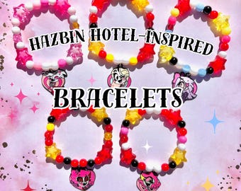 Pulseras con dijes inspiradas en Hazbin Hotel / Personajes de Hazbin Hotel, Charlie, Vaggie, Angeldust, Alastor, Husk, Sir Pentious, Niffty, Lucifer