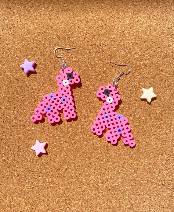 Pink dinosaur earrings dinosaur, animal, dinosaur earrings, perler beads,  perler bead earrings, dangle earrings, cute, pink