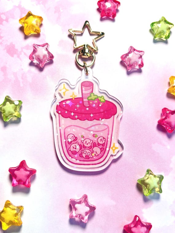 RESTOCKED** Kirb-boba holographic acrylic keychains | keychains, boba, kirby, poyo, acrylic, strawberry, orange, cute, sparkles, stars