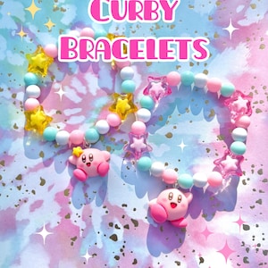 Braccialetti con ciondoli ispirati a Curby / spettacolo, cartone animato, carino, perline, stelle, braccialetto, gioco, rosa, blu, giallo, arcobaleno, gioielli, bianco immagine 2