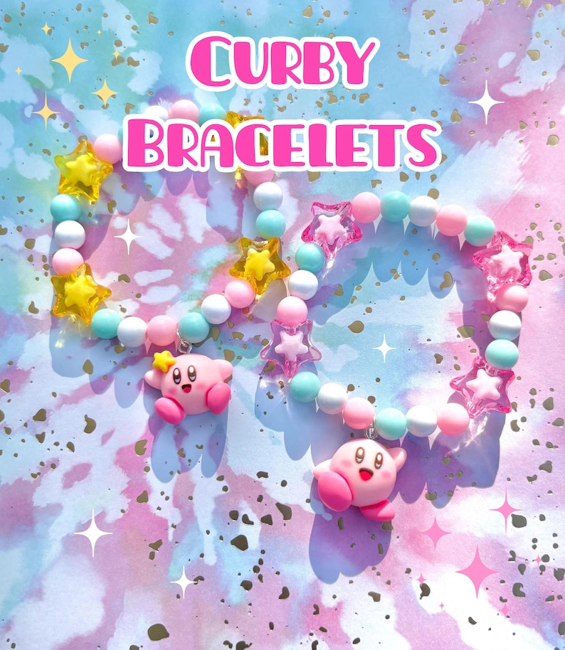 Braccialetti con ciondoli ispirati a Curby / spettacolo, cartone animato, carino, perline, stelle, braccialetto, gioco, rosa, blu, giallo, arcobaleno, gioielli, bianco immagine 2