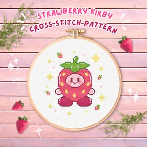Strawberry Kirby Cross Stitch Pattern | digital download, Kirby, poyo, cross stitch, pattern, cute, pink, strawberry, fruit, embroidery
