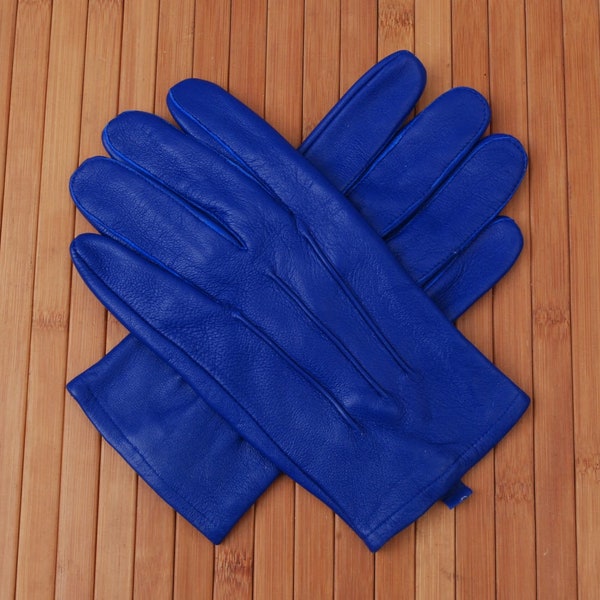 Royal Blue Men's Genuine Leather Unlined Driving Gloves with Snaps Perfect Fit Premium Soft