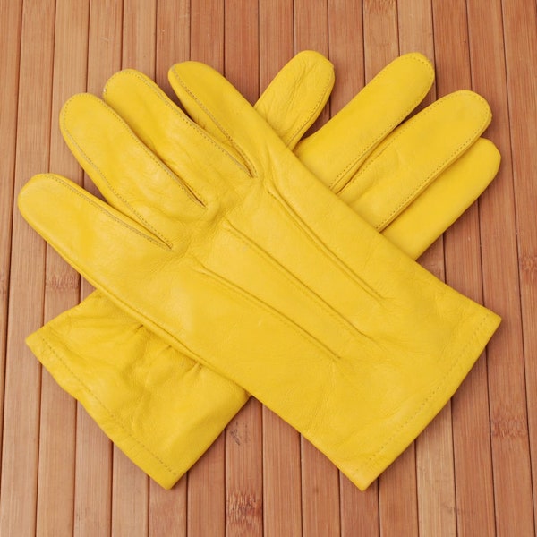 Yellow Men's Genuine Leather Unlined Driving Gloves with Snaps Perfect Fit Premium Soft