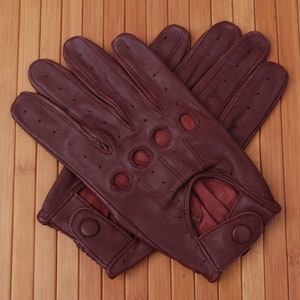 Men's Burgundy Genuine Leather Driving Gloves with Beautiful Knuckle Holes
