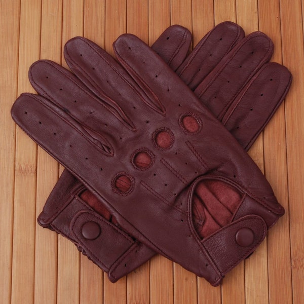 Gants de conduite homme bordeaux en cuir véritable avec beaux trous pour les jointures