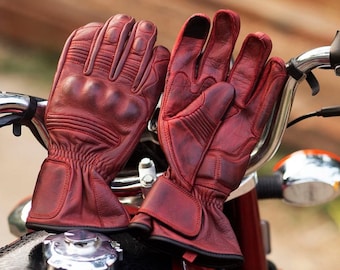 Gants de moto en cuir véritable, gants de course, gants de vélo en cuir de mouton véritable et matériau à écran tactile (BORDEAUX)