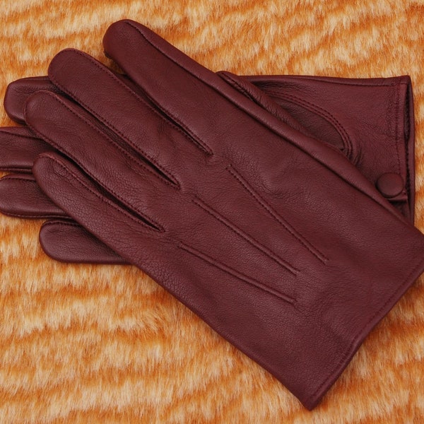 Gants de conduite bordeaux en cuir véritable non doublés pour homme avec boutons-pression Perfect Fit Premium Soft