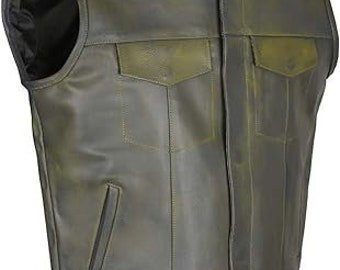 Men Motorcycle Biker Commando Green Vest Genuine Cowhide Leather Black Concealed Carry