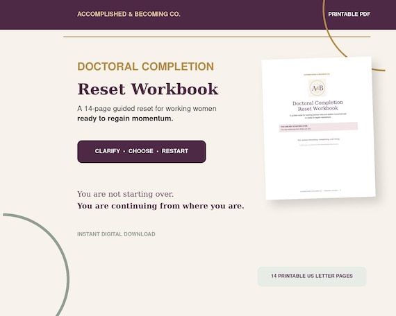 Dissertation Planner for Working Women, Doctoral Completion Reset Workbook, Capstone Progress Guide