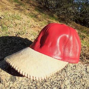OOAK Red lambskin leather baseball hat/cap with blonde tan hair-on cowhide brim