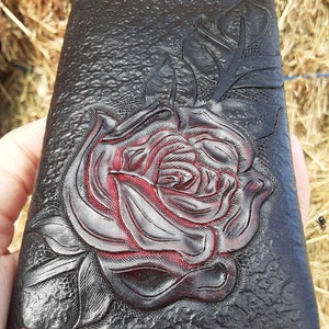 Cartera de cuero con herramientas, vaquera, rosa roja, OOAK hecho a mano, cierre a presión