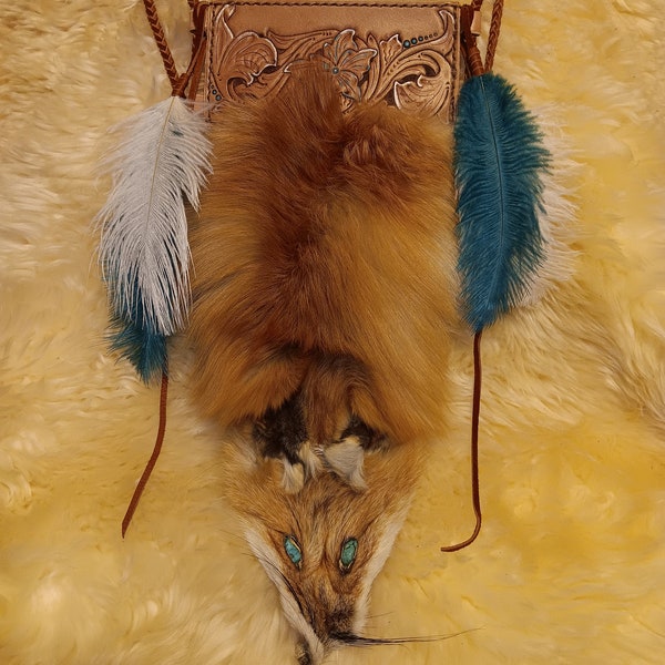 Custom Hand Tooled Leather Fox Fur Feather Turquoise Loin cloth Loincloth Skirt for Festival, Costume, Play