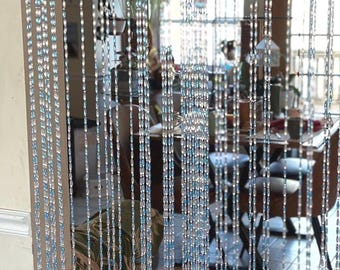 Beaded Curtain for Doorway or Window: Blue and Clear Hippie Style