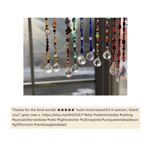 May include: A collection of beaded suncatchers with clear crystal teardrop pendants. The beads are in various colors, including red, blue, and gold. The text in the image says "Thanks for the kind words!" and includes a link to an Etsy shop.