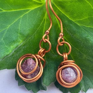 Red Ruby Earrings, Copper and Natural Raw Gemstone Dangle Earrings Gift for Her